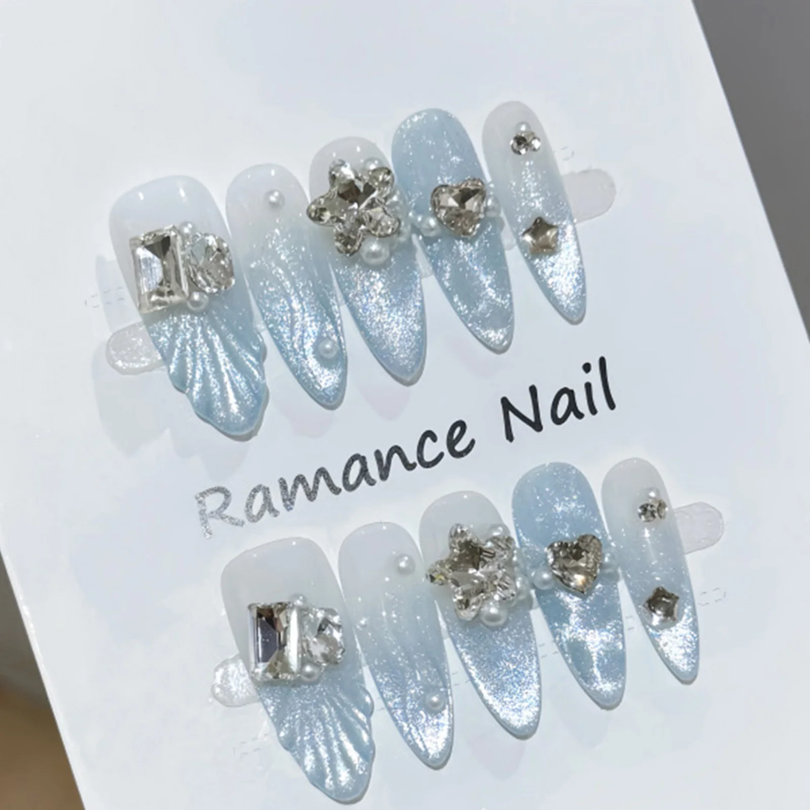 10pcs Summer Fresh Handmade Press On Nails Haze Blue Cat's Eye French Style False Nails 3D Fishtail Design Long Almond Fake Nail view 3