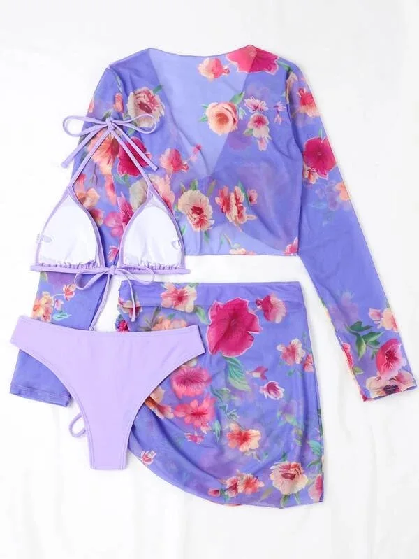 Traje de baño con estampado Floral para mujer, ropa de playa con cordón, falda envolvente con cordones, conjunto de Bikini de cuatro piezas para vacaciones, verano 2025
