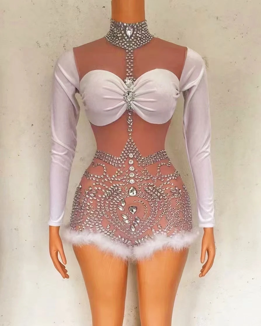 

Women Sexy Stage Sparkly Rhinestone LongSleeve Transparent Feather Bodysuit BirthdayParty Nightclub Leotard Stage Wear A130