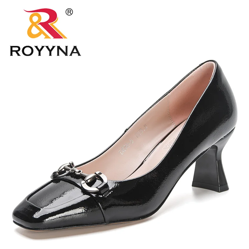 ROYYNA 2023 New Designers Square High Heels Pumps Women Patent Leather Square Toe Ladies Work Metal Decration Shoes Feminimo