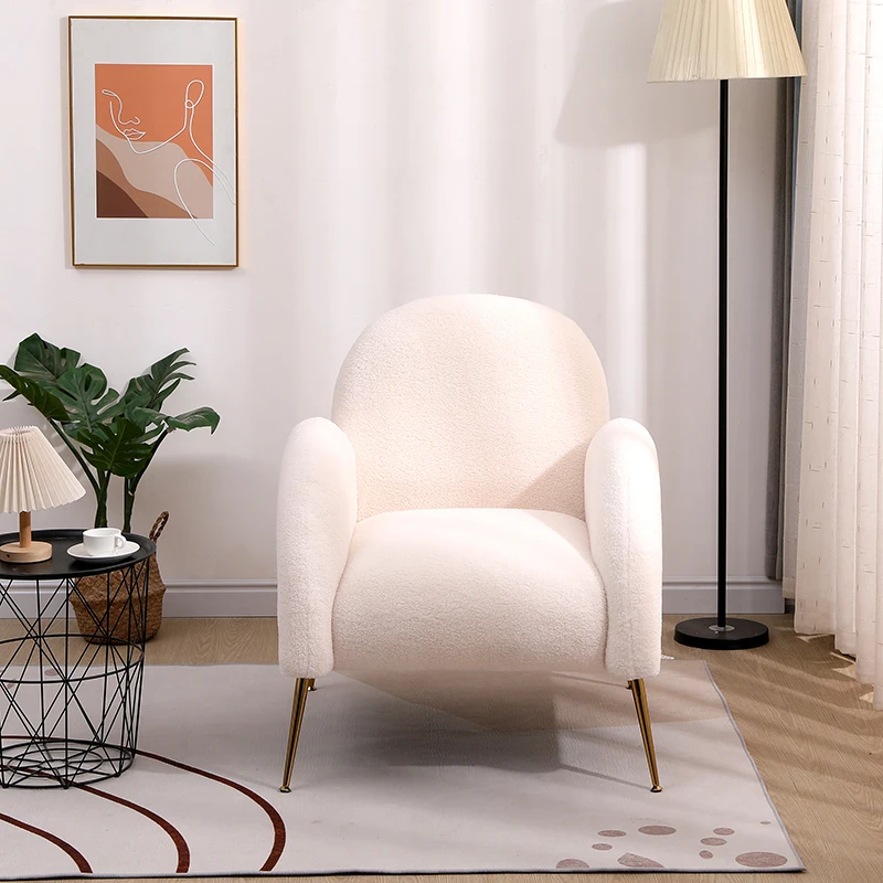 Accent Upholstered Single Chair White Sherpa Armchair with Golden Legs for living room, bedroom, office 