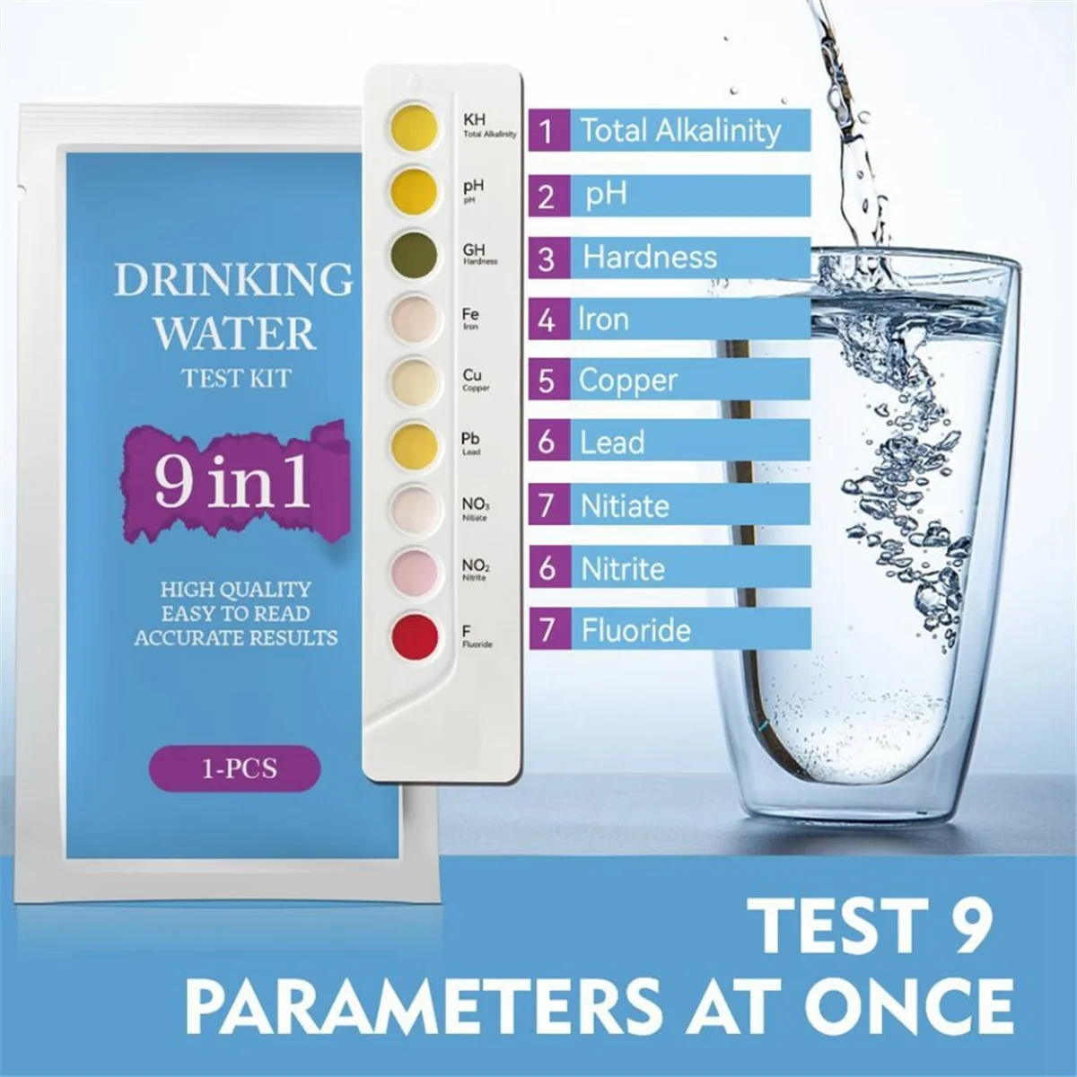 A79G 9 in 1 식수 테스트 키트 PH//GH/Fe/Cu/Pb/NO3/NO2/F 수질 화학 테스트 염소 PH 측정기 (식수용)