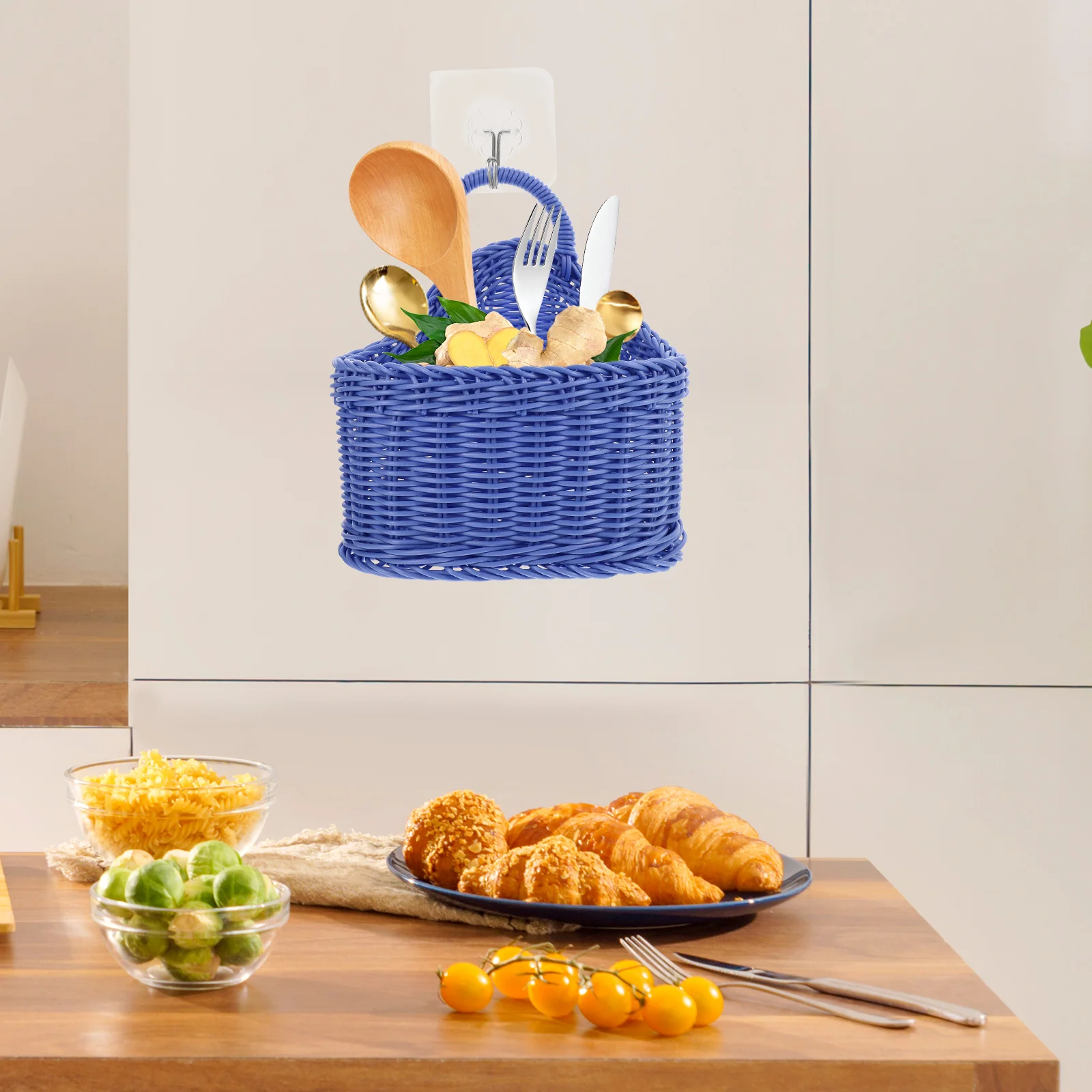 

Plastic Woven Wall mounted Storage Basket Brown Simple Kitchen Utensil Holder Long Cutlery Farmhouse Decor