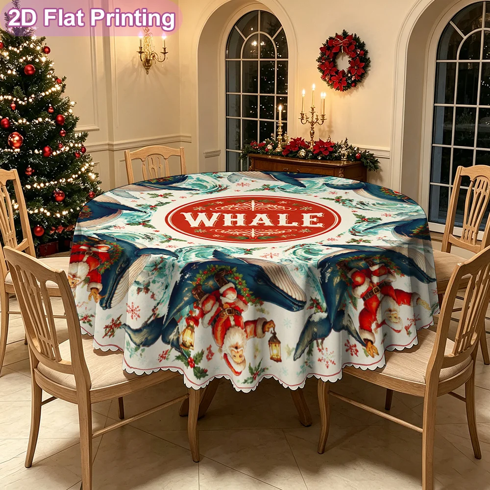 2D flat Santa riding a Christmas whale pattern round tablecloth, Merry Christmas table cover