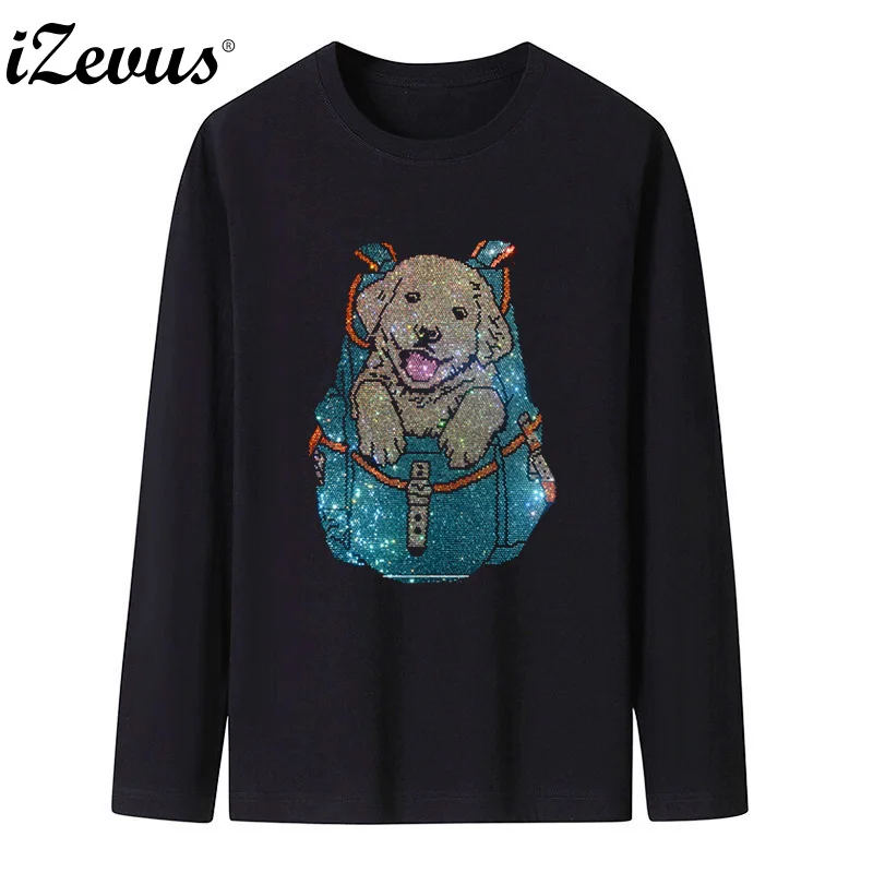 New high-quality men's fall and winter long-sleeved bottoming casual T-shirt creative cute dog backpack drill figure T-shirt