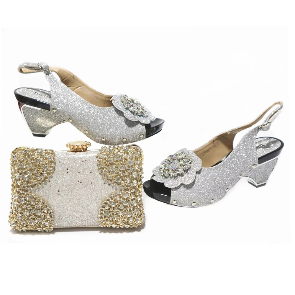 Rhinestones And Metal Accessories Clutch Bag With Chunky Heels In Flower Decoration