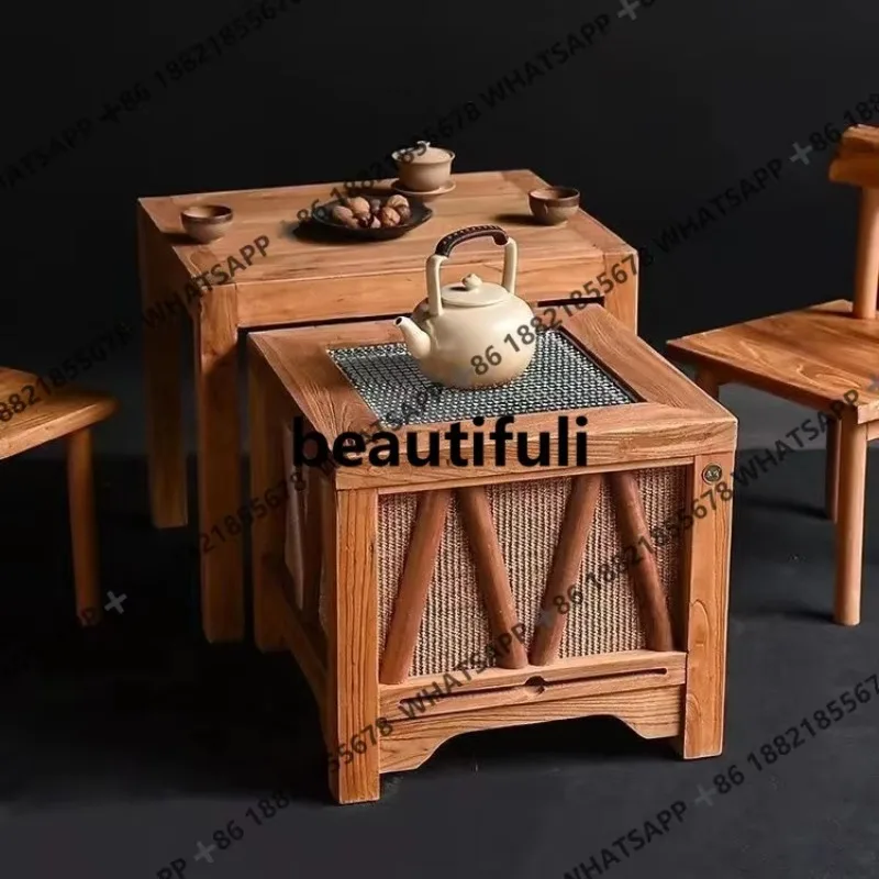 

RR Furnace tea table Outdoor solid wood small tea table Pull log coffee Portable barbecue table