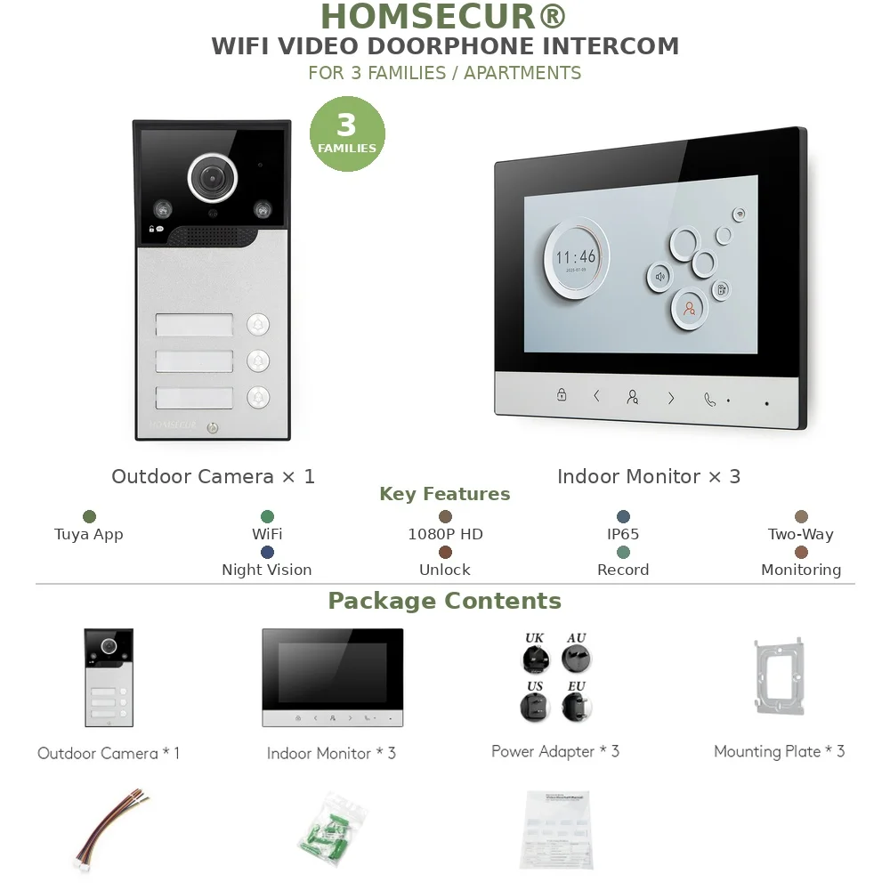 3-Family Intercom Entry Kit, 7-inch HD WiFi Video Doorphone, Auto Recording Security Camera App Control for Home