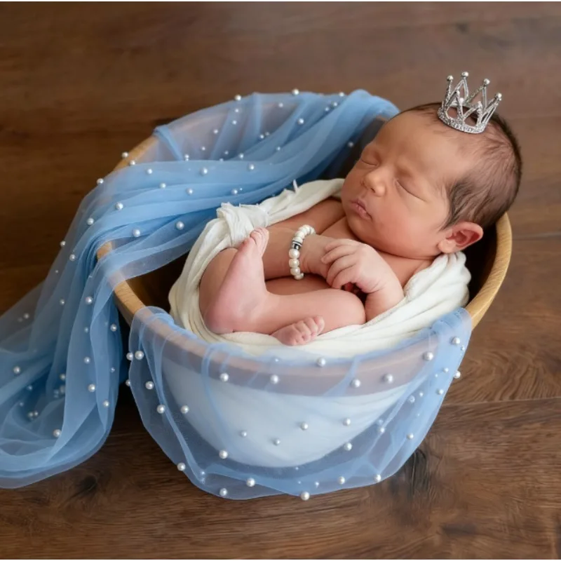 女の赤ちゃん新生児写真撮影用生地-15x4m-、パールビーズチュールレース背景、パールクラウンとブレスレット付きの完全なセット