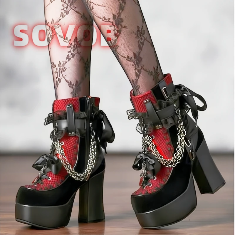 

Women's Gothic Style Ankle Boots Vintage Lace-Up Platform Chunky Heels Boots Side Zipper with Chain Detail Footwear