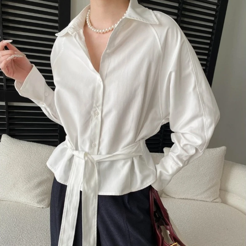 

Blouses Women Shirt Vintage Turn Down Collar Lantern Sleeve Tops Y2k Streetwear Lace Up Tight Waist Elegant Splice Shirts 2026