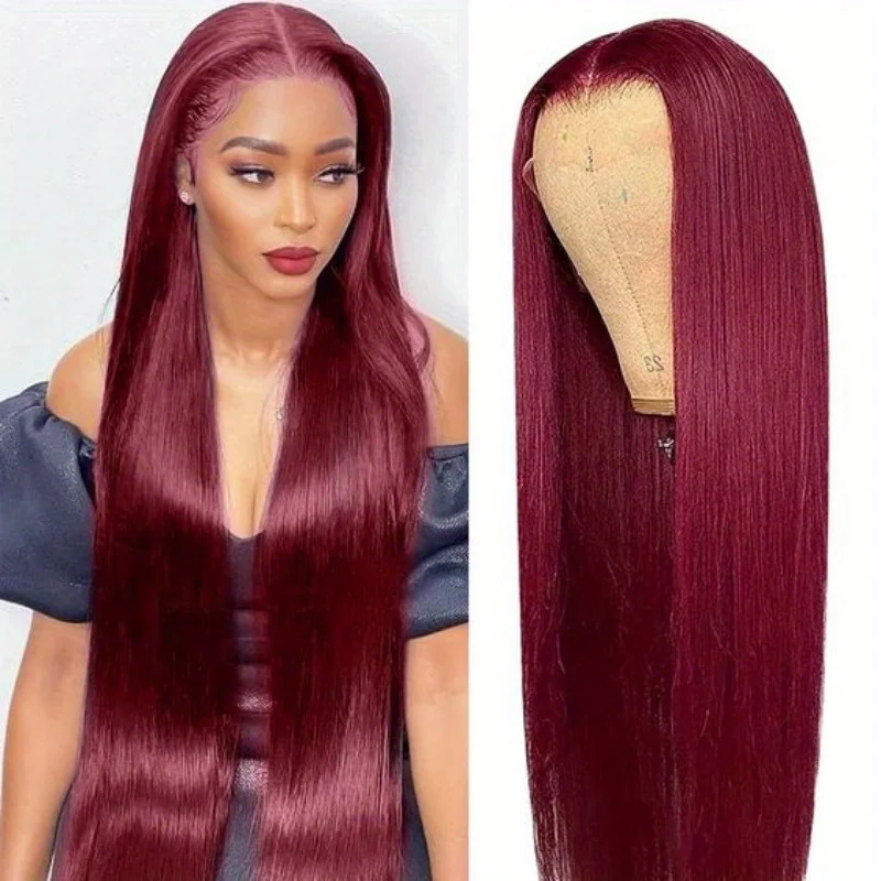 

13x4 Inch HD Lace Straight Wine Red Burgundy 99J Lace Front Wigs Human Hair Transparent Lace 200% Density Baby Hair Around