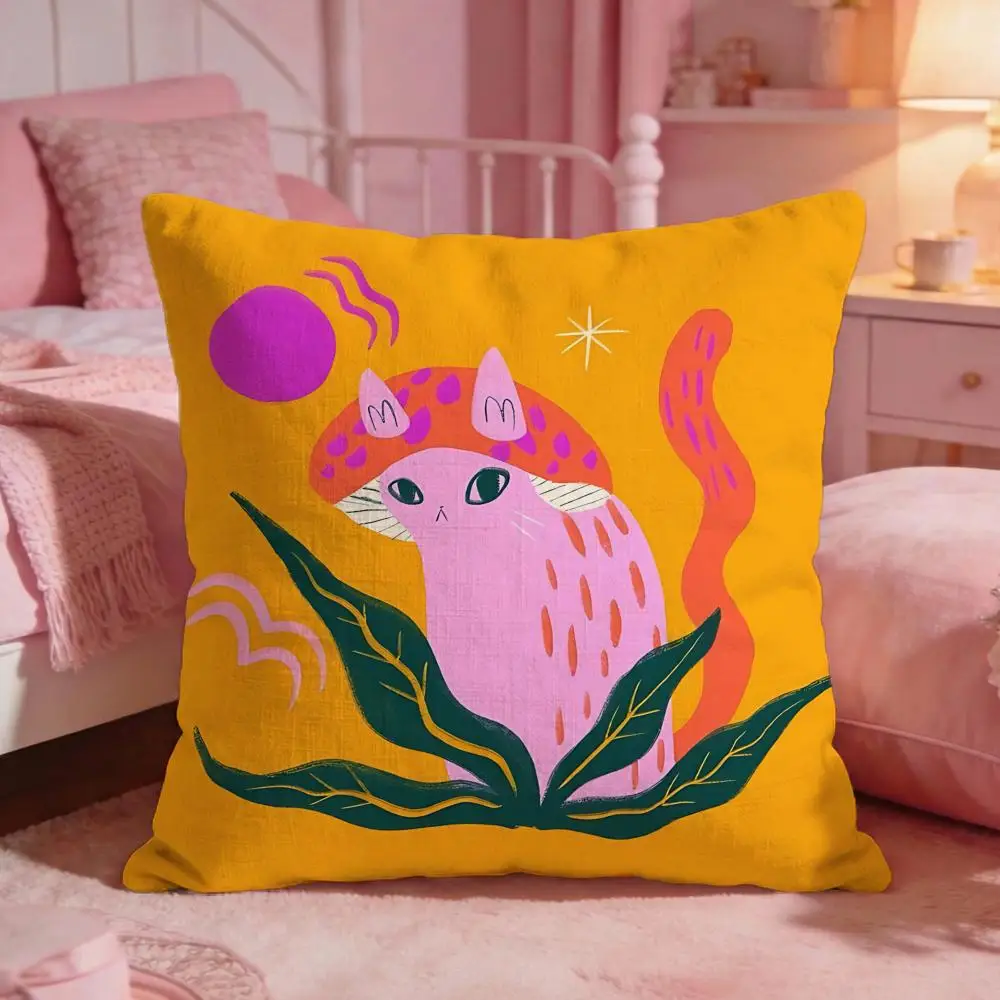 Whimsical Plant Mushroom Cat Cushion Cover Premium Comfort Reversible Pillow Cove -Two in One Design for Any Room & Car Interior