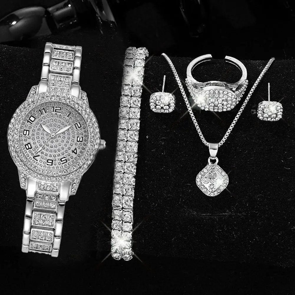 Fashion Luxury Full Crystal 5 Pcs Watch Necklace Earrings Set for Women Rhinestone Wristwatch Female Bracelet Women's Watch