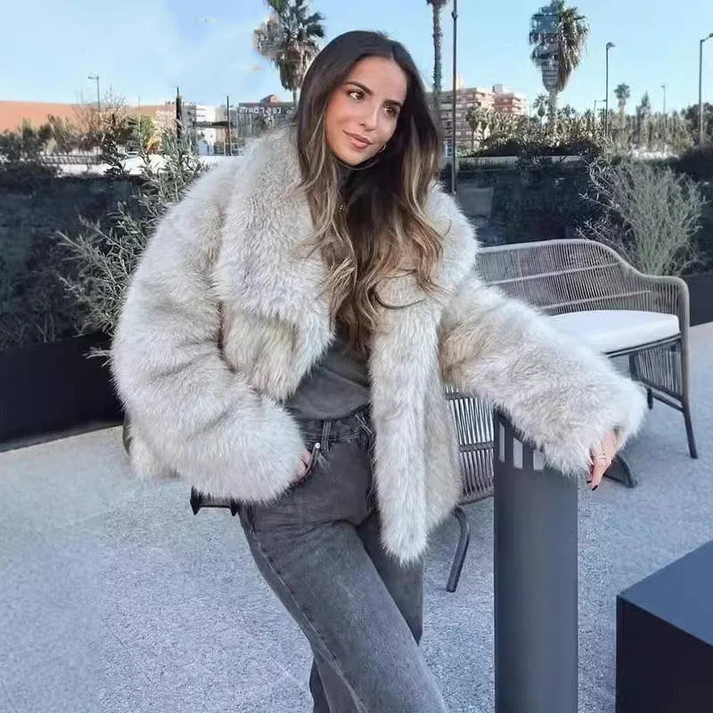 Casaco curto de pele solta de cor sólida outono e inverno novo item lapela manga comprida casaco quente para mulheres