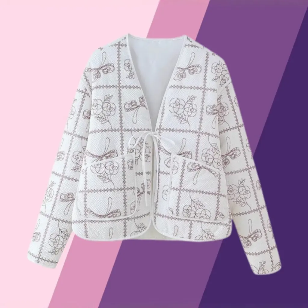 Giacca corta da donna in cotone stile europeo e americano con lacci e scollo a V, top sottile strutturato stampato per donna