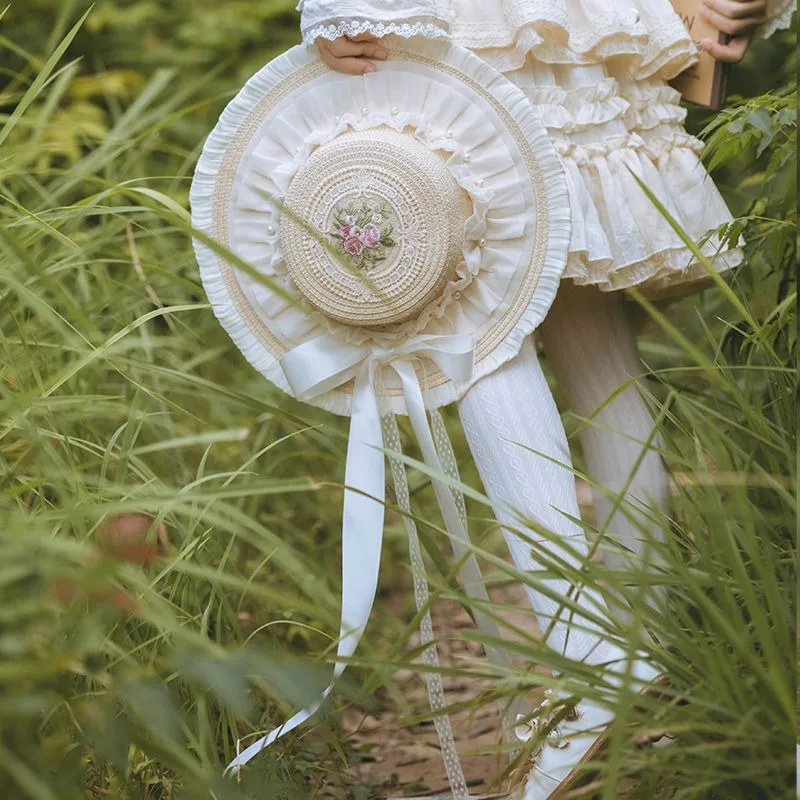 Original feito à mão doce lolita laço chapéu de palha elegante feminino vintage vitoriano flor fita bandagem chá festa mori menina boné plano