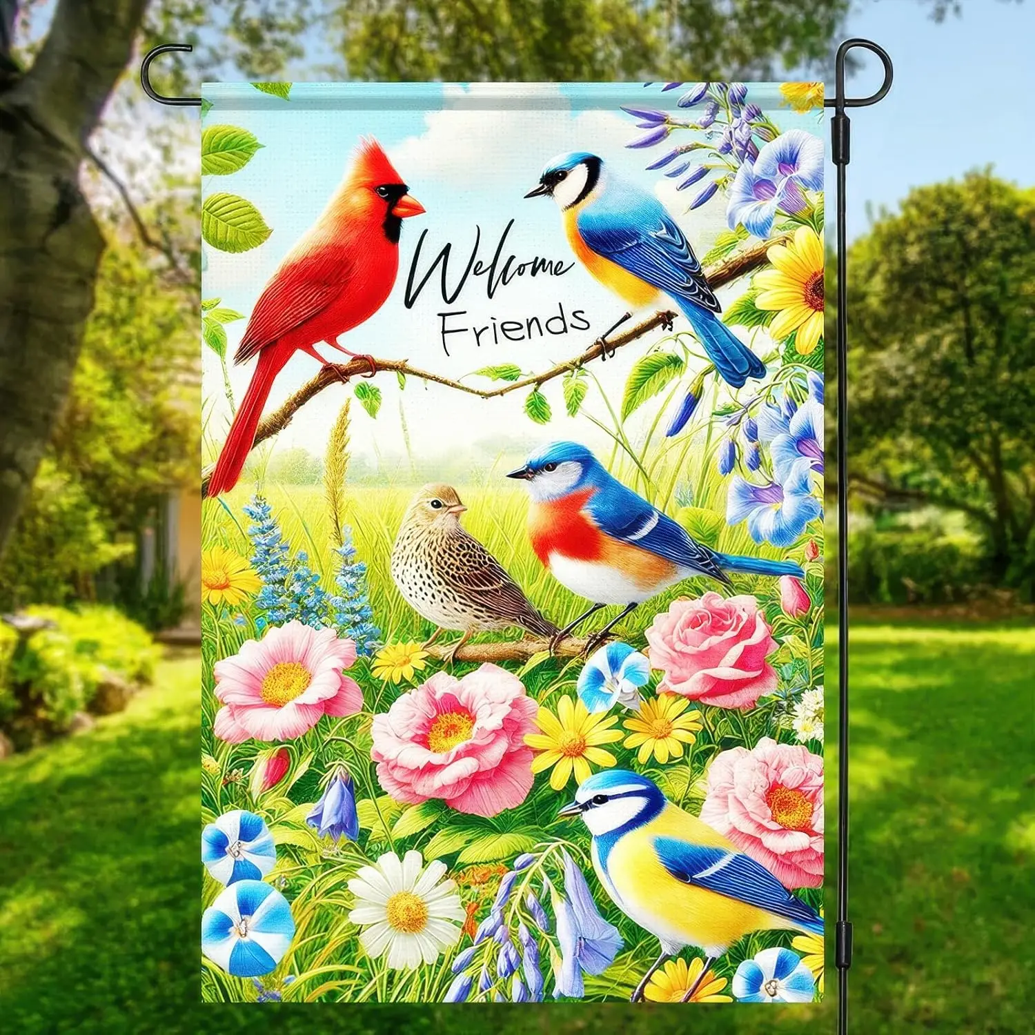 Welcome Friends Summer Spring Garden Flag Spring Cardinal Birds Flowers Butterfly Yard Flag Flowers Daisy Hummingbirds Decor SSL