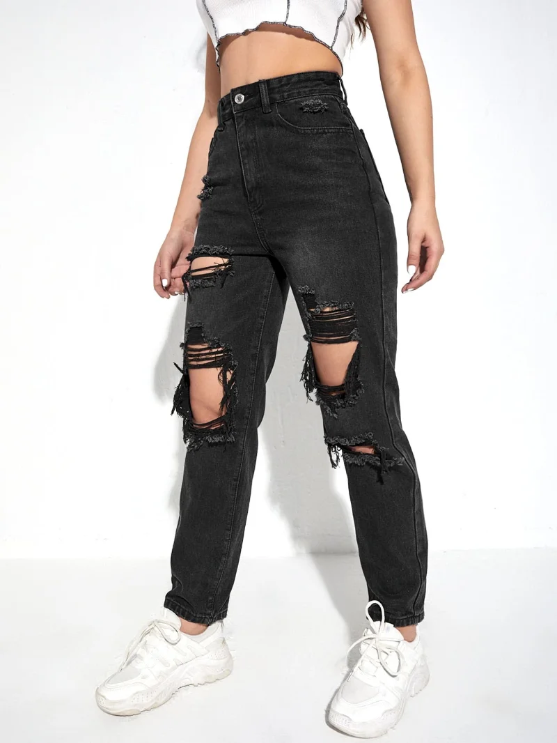 Denimcolab Fashion Hole Washing High Waist Jeans Woman Cotton Denim Straight Pants Ladies High Street Ripped Jeans Trousers