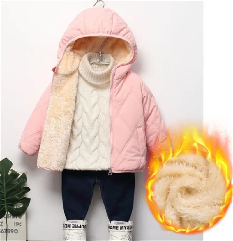 Kids Solid Plush Warm Coats Children Winter Casual Outdoor Thick Hooded Outerwear Boys Girls Daily Versatile Thermal Jacket