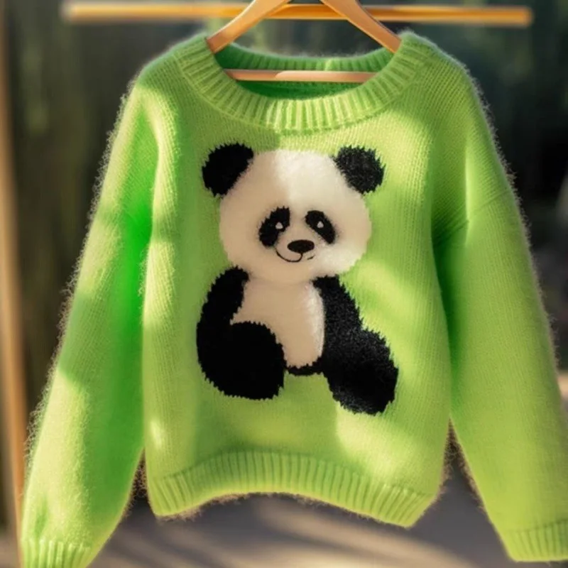 

Autumn Winter Sweet Cartoon Panda Jacquard Women Sweater O-Neck Loose Green Wool Cashmere Pullover Knitwear Tops