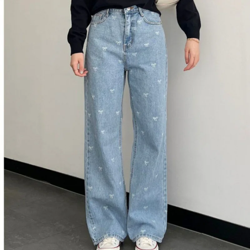 Korean Sle Jeans Women 2024 New Elegant Temperament Bow Western Sle Age-Reducing Loose Design Straight Trousers