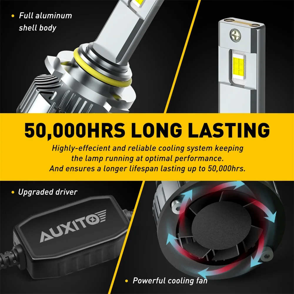 AUXITO 2Pcs 9005 HB3 LED Headlight Bulbs 9012 HIR2 H8 H9 H11 H13 9008 LED Canbus No Error 100W High Power Car Head Lamp with Fan