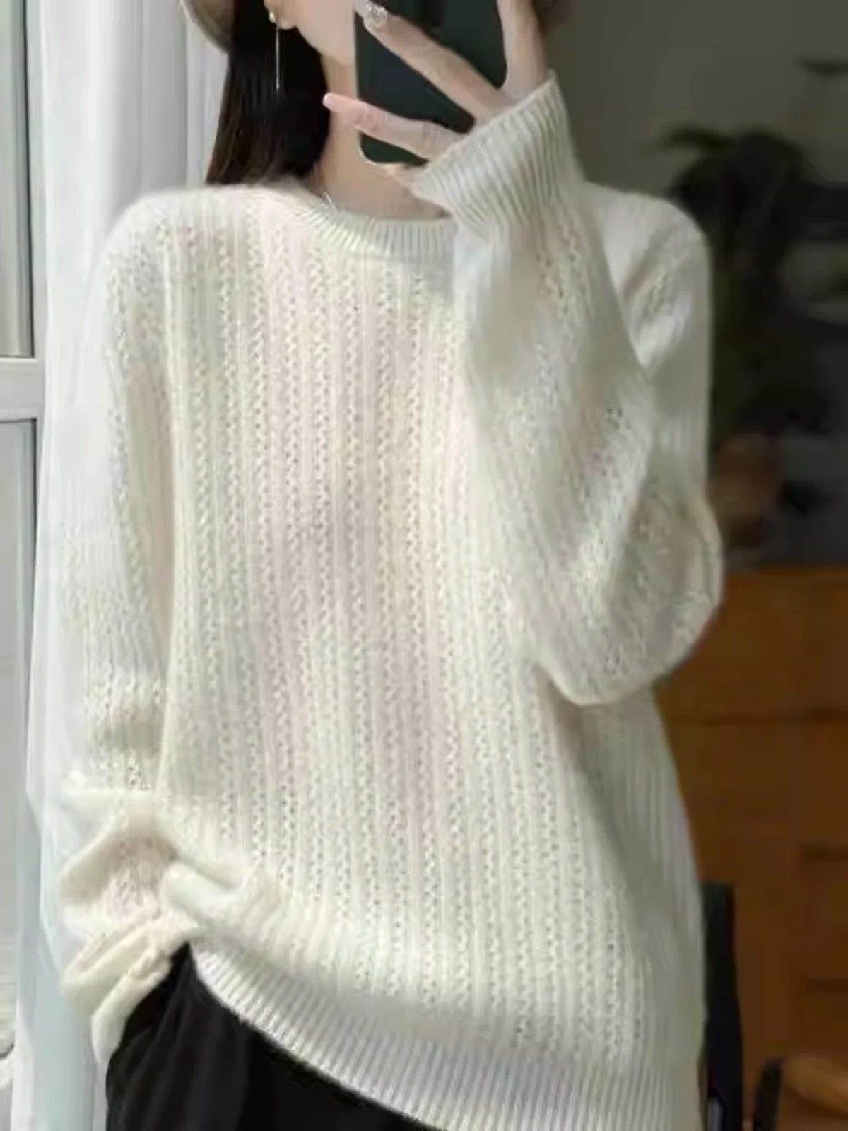 

Winter New round Neck Hollow out Thickened Woolen Knitted Casual Sweater Women's Overhead Long Sleeve Base Shirt Casual Style