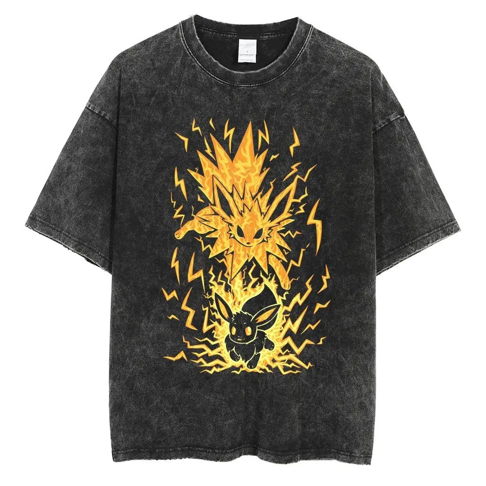 

Pokemon 2026 Summer Vintage Washed Cotton T Shirt Oversized Streetwear Eevee Jolteon Evolution Thunder Lightning