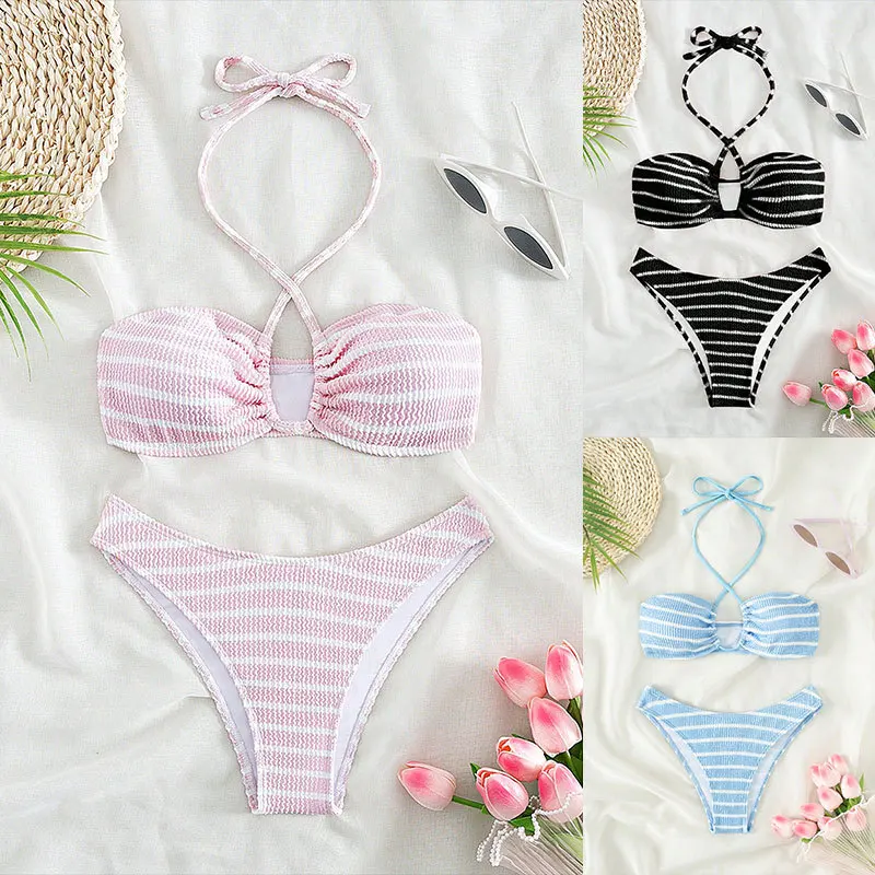 

2024 New European and American Striped Swimsuit Sexy Three-point Bikini Split Swimsuit Female Summer