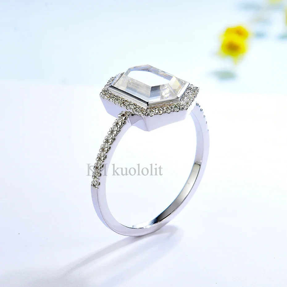 Kuololit Portrait Moissanite Ring for Women Solid 18K 14K White Gold Elongated Lozenge Bezel Ring for Engagement Christmas Gifts