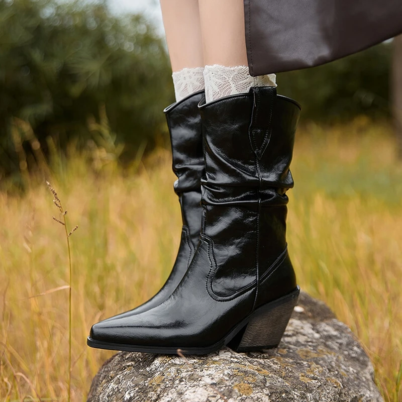 Novo outono botas femininas sapatos de couro de camurça de vaca para mulheres dedo do pé apontado sapatos de salto grosso deslizamento-em botas de couro dividido botas ocidentais