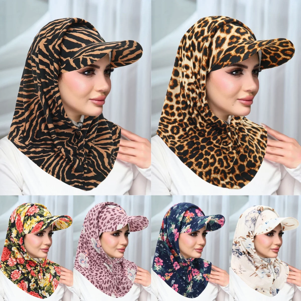 

2 Pcs/Set Fashion Print Cycling Scarf Hijab Caps Combination Set Wrap Head Scarf Muslim Turban Bonnet for Women Turbantes Caps