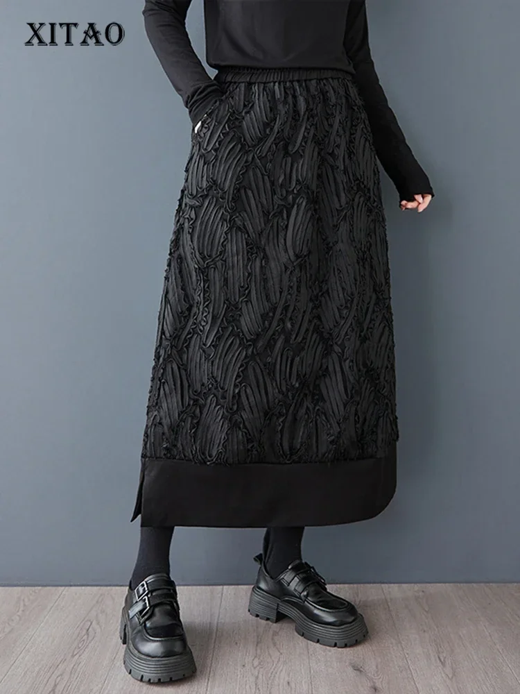 

XITAO Edible Tree Fungus Pocket Patchwork Skirts Split Solid Color Elastic Waist Loose Mid-calf All Match Casual Skirt GMM1256