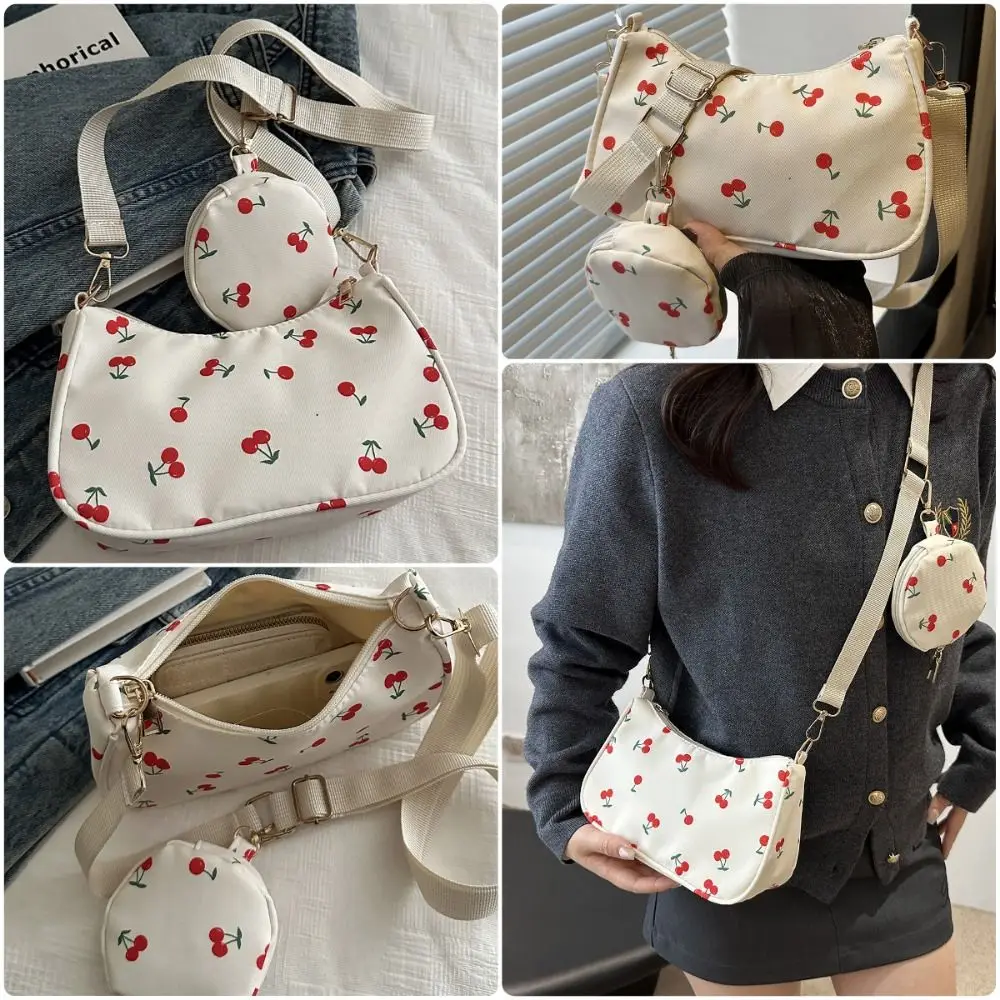 French Style Red Cherry Crossbody Bag Oxford Cloth Printed One-shoulder Bag Multi-pockets Large Capacity Underarm Bag Daily Use
