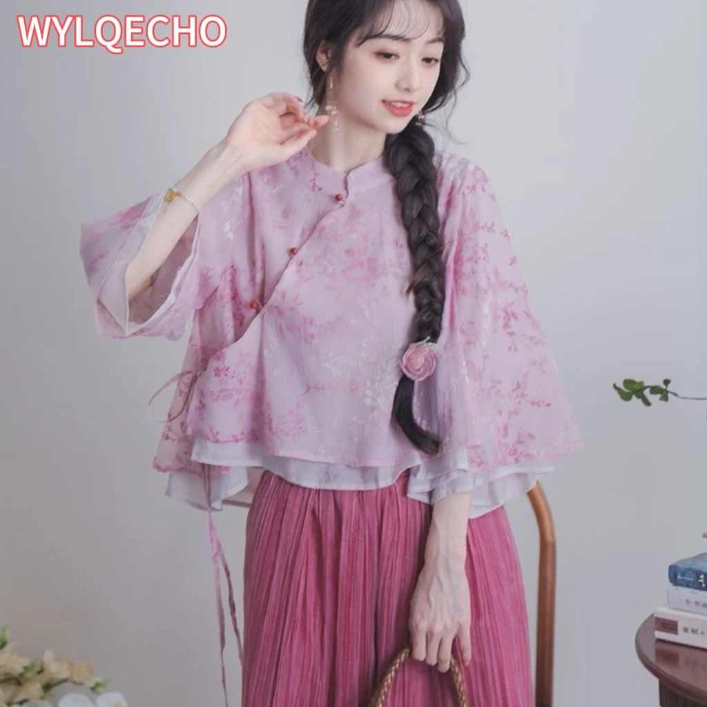 Chinese Traditional Clothing Pink Women\'s Clothing Suit Summer Slanted Collar Stand Up Top Wide Leg Pants Retro Two-piece Set