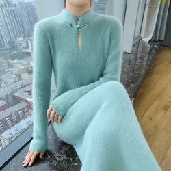 Autumn Women's 100% Mink Cashmere Sweater Stand-up Collar Dresses Winter Lady Thick Pullover Female Fashion Solid Knitted Dress
