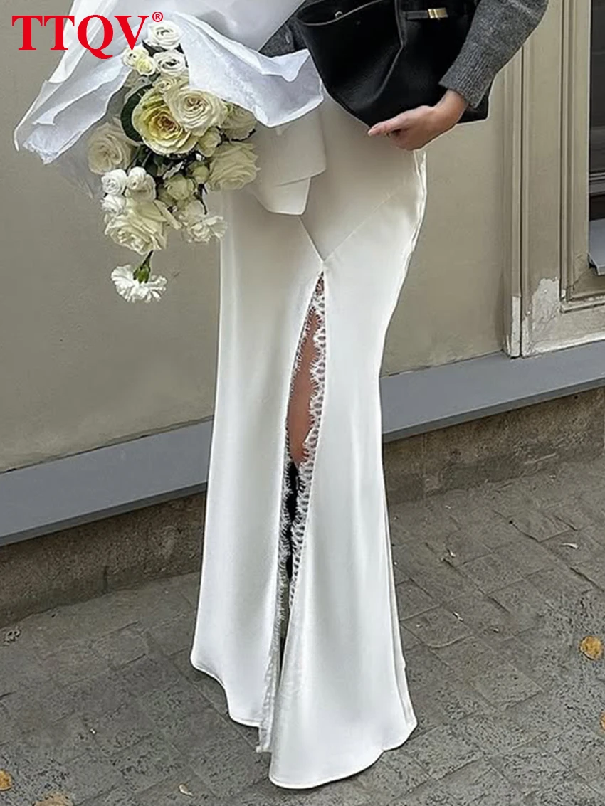 TTQV Fashion Loose White Satin Women's Skirt 2026 Sexy High Waist Long Skirts Elegant Classic Slit Skirt Female Clothing