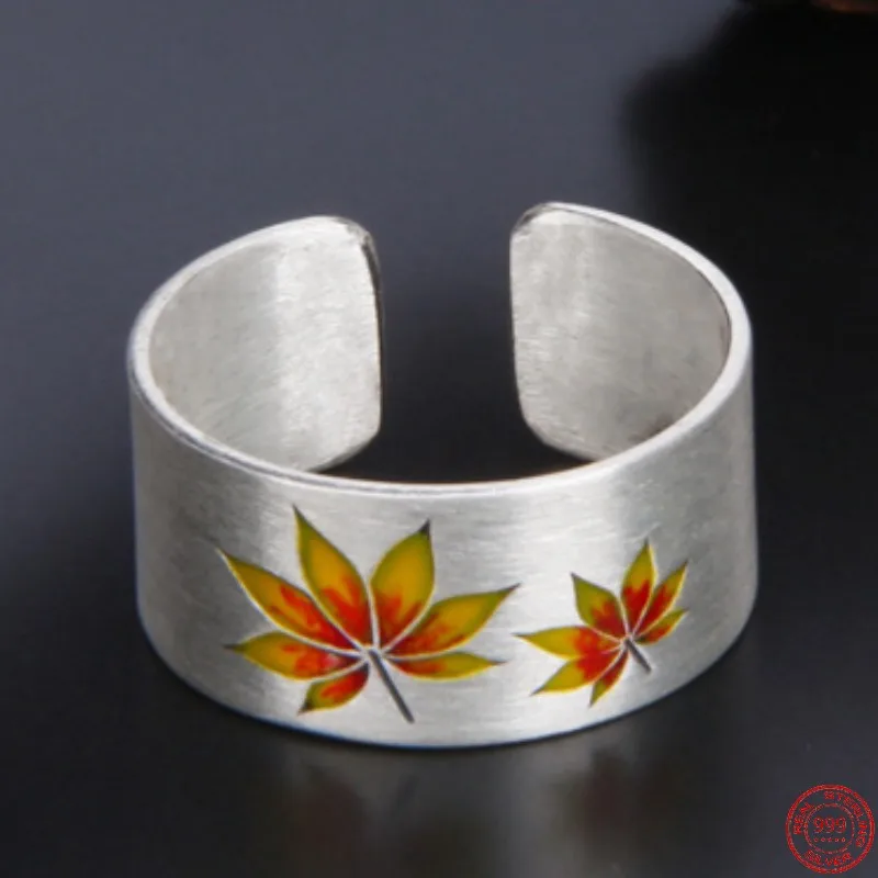 S929 Sterling Silver Rings for Women New Women's Fashion Enamel Maple Leaves Pattern Adjustable Argentum Jewelry Wholesale