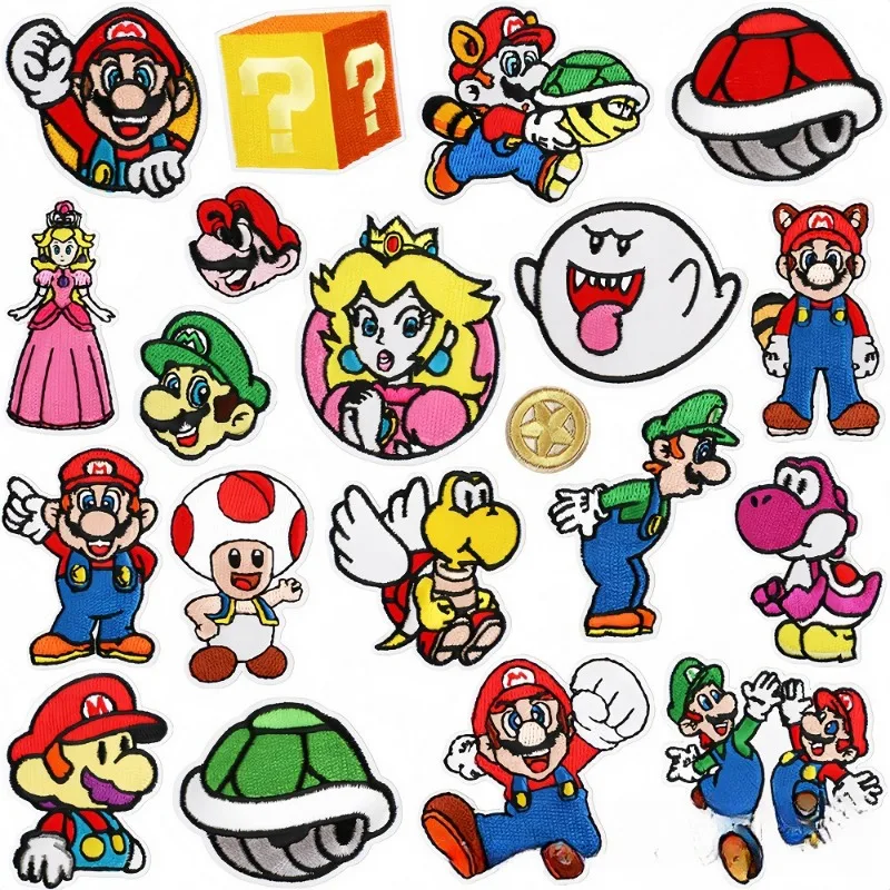 20PCS Super Mario Cartoon Patches Iron on Patches for Clothes DIY Embroidery Applique Fusible Patch DIY Ironing Stickers Badge