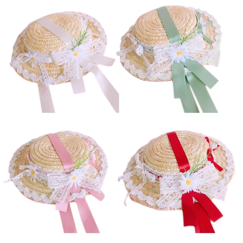 

Women Straw Rural Tea Party Sun Hat Lace Flower Decorated Small Hats