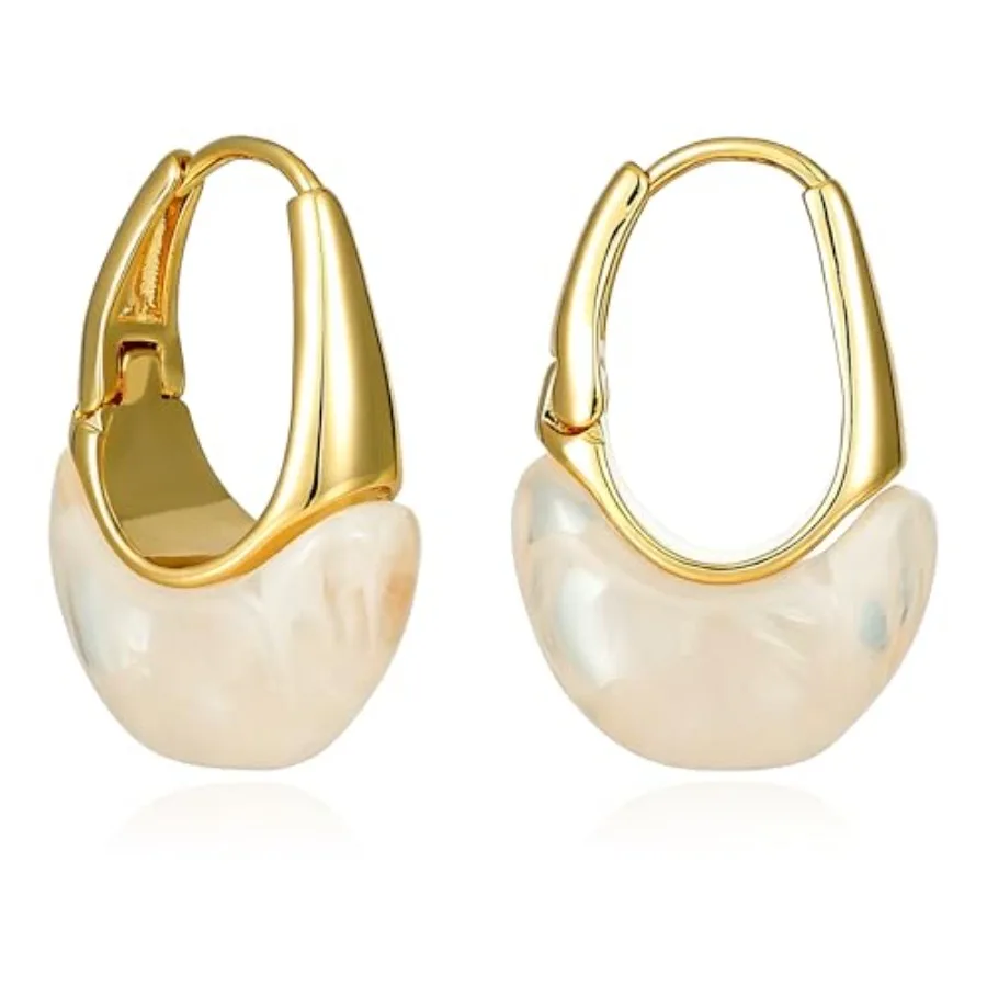

14K Gold Plated Ivory Resin Teardrop Resin Hoop Earrings for Women, Brass Base with 925 Sterling Silver Post Hypoallergenic Lig