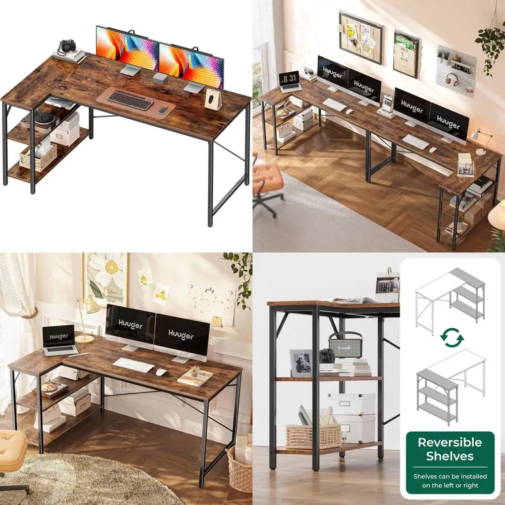 مكتب ألعاب على شكل حرف L مقاس 55 بوصة، أرفف تخزين قابلة للعكس، مثالية للمكتب المنزلي والكتابة والدراسة وزاوية الألعاب #1