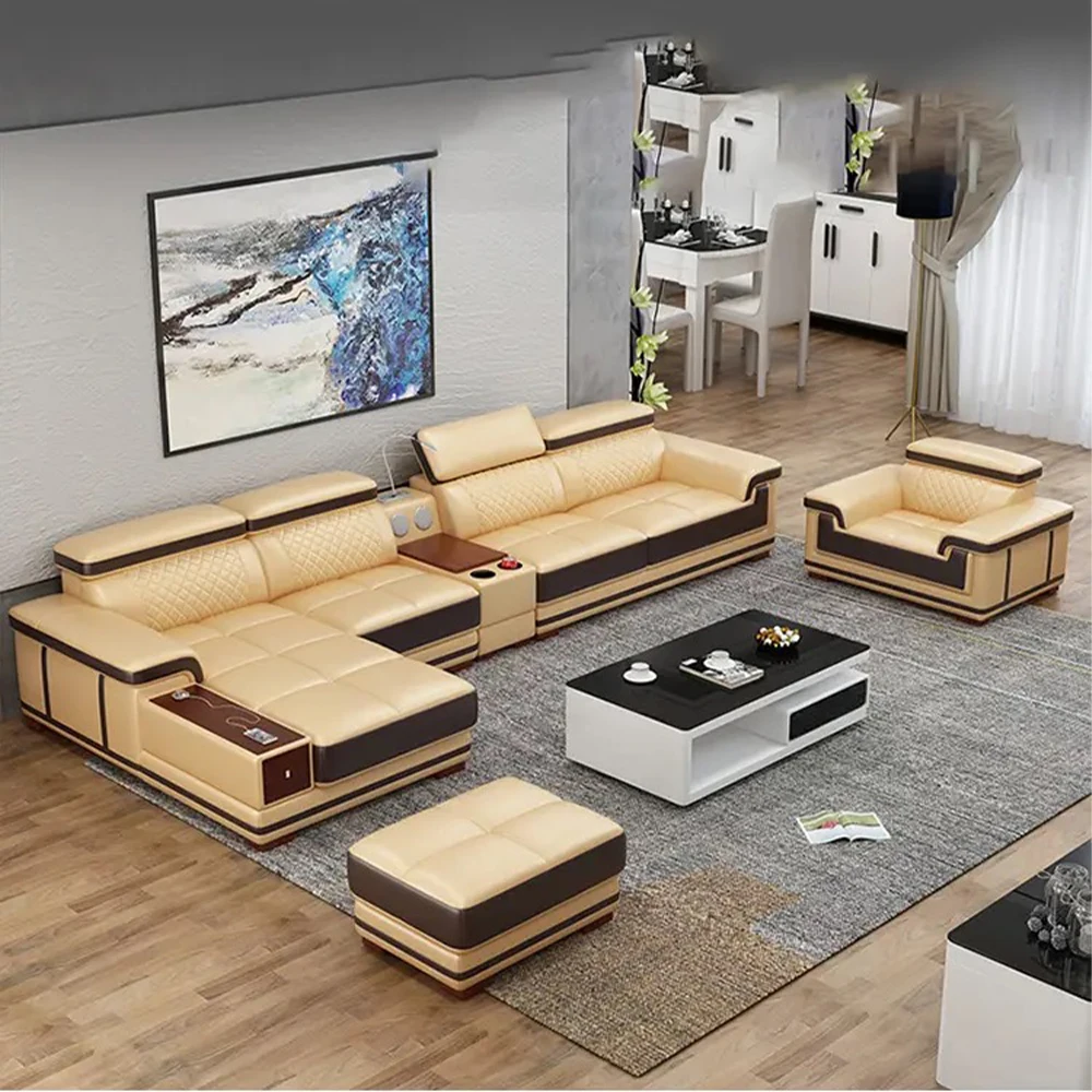 

Elegant Living Room Sofas - MINGDIBAO Italian Genuine Leather Sectional Sofa Set with Adjustable Headrests and Bluetooth Speaker