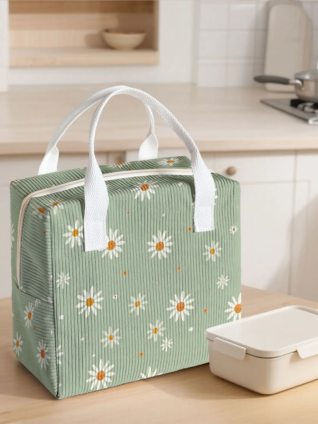 Corduroy Large Capacity Insulated Lunch Bag with Aluminum Foil Interior Student Bento Ice Bag Reusable Portable Food Container