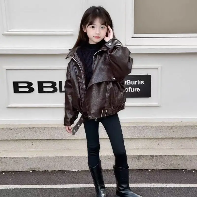 Girls Spring and Autumn Leather Jacket PU Fashion Casual Windproof Teenager Kids Coats Brown Trendy Outerwear 5-14Y