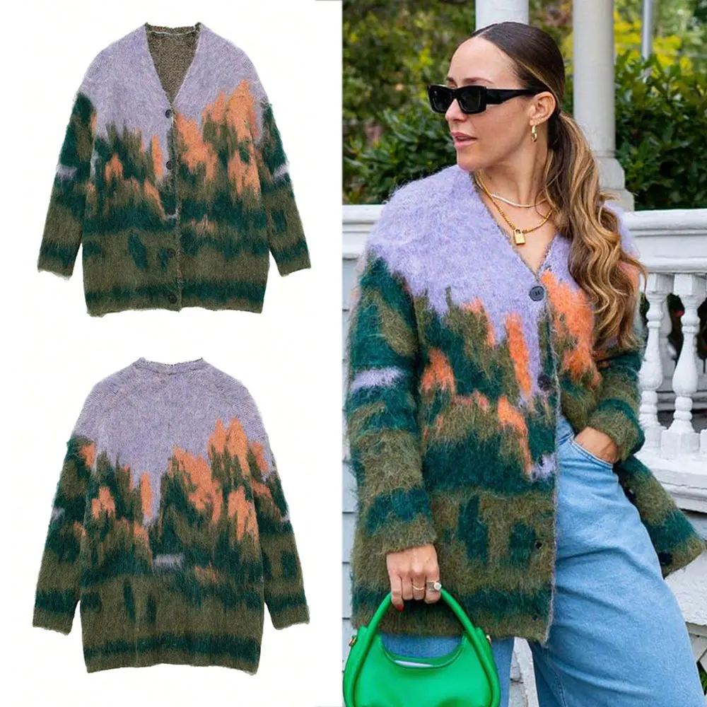 

TRAFZA Autumn Women Fashion Colorful Print Knitted Cardigan V-Neck Single Breasted Long Sleeve Sweater Coat Female Chic Outwear