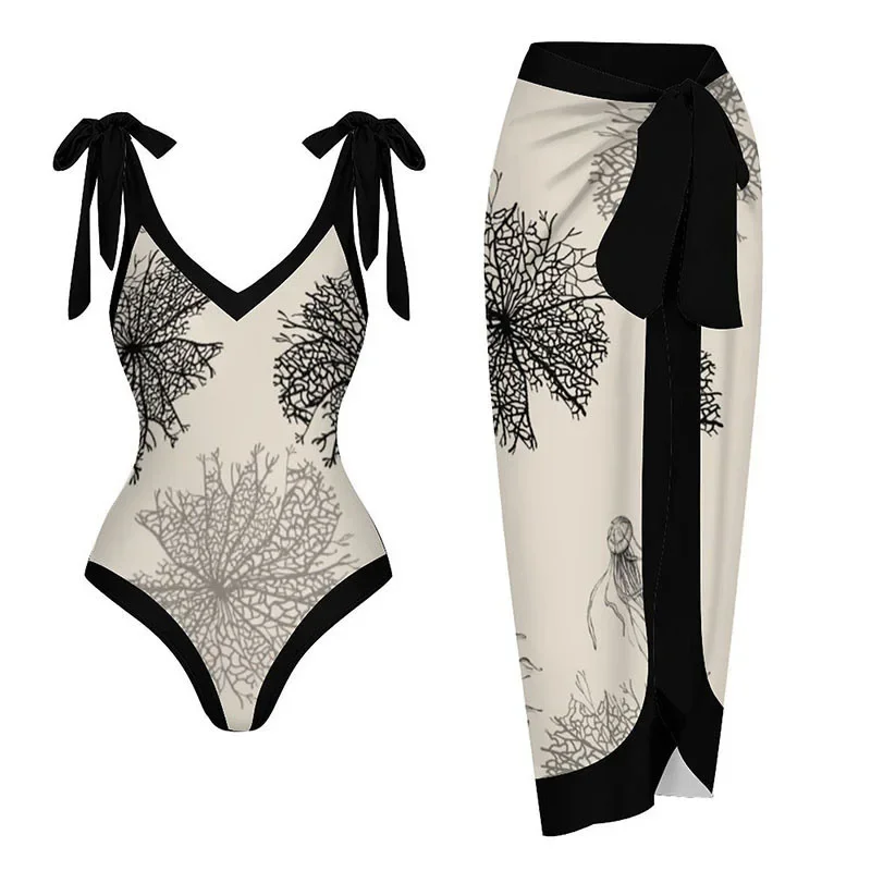 

Women's Retro Print Swimsuit, Deep V Tie Skirt Set, Summer Bathing Suit, Women's Swimwear, Seaside Party, 2 Pcs
