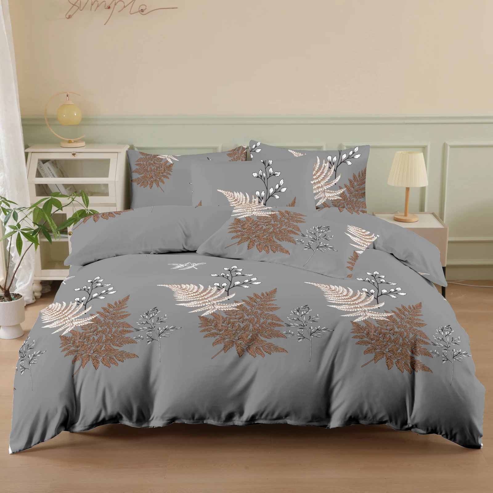 Gray Leaf Print Bru…