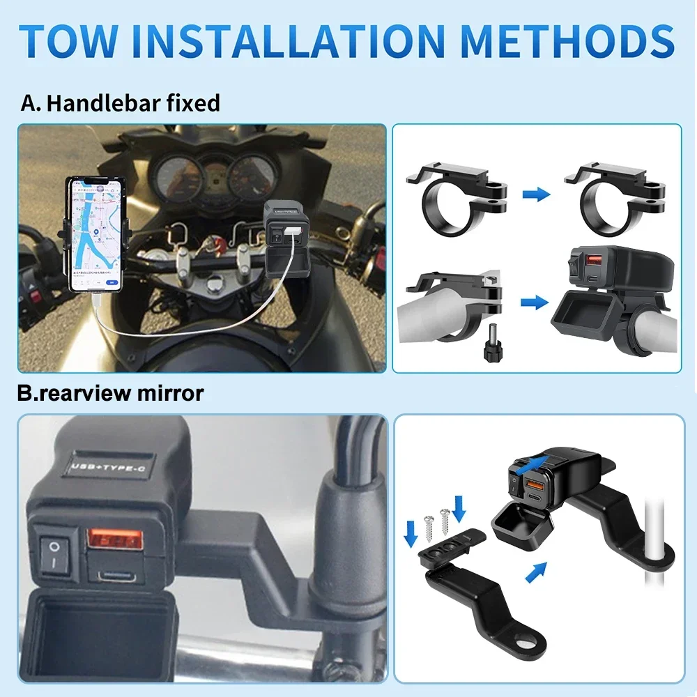 PD QC3.0 Motorcycle USB Fast Charger 60W Handlebar Dual USB Socket with Switch Voltmeter Waterproof 12V Power Supply Adapter